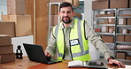 Face, logistics and smile with man in warehouse for delivery, distribution or shipping schedule. Ecommerce, laptop and supply chain with happy courier person in depot for export or import service
