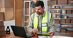 Man, laptop and clipboard for logistics at warehouse for research, supply chain and schedule delivery. Person, pc and checklist for stock, inventory planning and shipping information for distribution