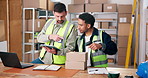 Barcode scanner, box and tablet with logistics team in warehouse for delivery or distribution. App, laptop and supply chain with people in shipping depot for collaboration or online order tracking
