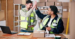 Box, high five and tablet with logistics team in depot for delivery or distribution success. App, barcode scanner and supply chain with people in shipping warehouse for celebration of online order