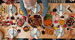 Family, feast and applause for chicken, hands and celebration of Christmas dinner, reunion and meal. Festive season, above and people with food for thanksgiving, December holiday and together in home