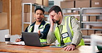 Storage, worker and men with laptop in warehouse for distribution, lost package or delivery mistake. Logistics schedule, communication or people with stress for transport error, tech or shipping fail