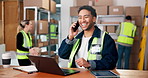 Laughing, logistics and phone call with man in warehouse for delivery, distribution or shipping. Funny, laptop and tablet with supply chain employee in export or import depot for parcel tracking