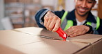 Hand, logistics and man with box cutter in warehouse for unboxing, quality control and inspection. Shipping, happy worker and open package to process return, order fulfillment and restock inventory
