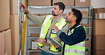 Men, warehouse and inspection with tablet for shipping, quality control and supply chain or ecommerce. Distribution officer, teamwork and clipboard for stock inventory, online order or logistics