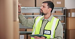 Tablet, warehouse worker and man check inventory, shipping and quality control inspection. Technology, logistics and person with pen for stock, writing report and count box at shelf for distribution