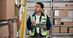 Logistics, inspection and man with tablet in warehouse for online order, shipping or inventory update. Dispatcher, distribution app or checklist for supply chain management, quality control or export