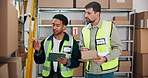 People, check and boxes with tablet at warehouse for inspection, stock and inventory management. Men, package and digital checklist for quality control, supply chain team and distribution information