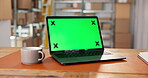 Logistics, green screen or laptop in warehouse for mockup, stock or inventory management in ux design. Distribution, chroma key or trade in depot with mug, export or cargo check for service delivery.