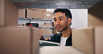 Man, scanner and boxes with tablet at warehouse for inspection, stock and inventory management. Person, scan parcel and digital for quality control, supply chain and price information of distribution