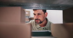 Tablet, warehouse worker and man with boxes for inventory, supply chain inspection and shipping. Technology, logistics and person check package for storage, ecommerce stock or distribution at shelf