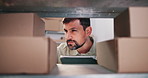Tablet, warehouse worker and man with boxes for stock, supply chain inspection and shipping. Technology, logistics and person check package for inventory storage, ecommerce or distribution at shelf