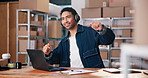 Warehouse, startup and man with headphones, dancing and inventory for stock with laptop and website. Streaming, entrepreneur and person with tech for distribution, logistics and listening to music