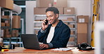 Laptop, phone call and supply chain with man in warehouse for delivery, distribution or shipping. Computer, online order and smile of logistics employee in export or import depot for parcel tracking