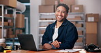 Face, laughing and logistics with man in warehouse for delivery, distribution or shipping schedule. Funny, laptop and supply chain with happy courier person in depot for export or import service