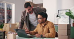 Shipping, small business and men on laptop for discussion, inventory check or distribution. Computer, office and team planning ecommerce schedule, point and logistics of stock procurement for sales