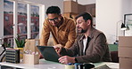 Boxes, small business and men on laptop for discussion, inventory check or distribution. Computer, office and happy team planning ecommerce schedule, point or logistics of stock procurement for sales