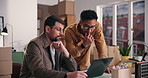 Shipping, small business and team with laptop for planning, inventory check and problem solving. Computer, office and men talk for distribution schedule, think and logistics of stock procurement