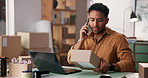 Man, laptop and phone call in home with package for ecommerce, communication and small business. Entrepreneur, talking and side hustle in house with tech for contact, online shop and stock delivery.