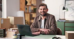 Face, laptop and supply chain with man at desk for delivery, distribution or shipment tracking. Computer, logistics and smile of person in office for courier service, ecommerce schedule or retail