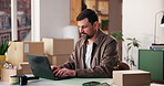 Laptop, logistics and typing with man at desk for delivery, distribution or shipping management. Computer, schedule and supply chain with person in office for courier service, inventory or planning