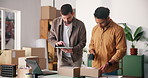 Barcode scanner, box and tablet with men in office together for delivery, distribution or shipping. App, logistics and tracking with supply chain team at work for agenda, online order or schedule