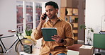 Man, tablet and phone call in home office for small business, communication and entrepreneurship. Person, talking and side hustle in house with digital technology for contact, online shop or startup.