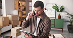 Man, tablet and phone call in office with boxes for ecommerce, communication and small business. Entrepreneur, talking and side hustle in house with tech for contact, online shop and stock delivery.