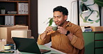 Aroma, coffee and laptop with logistics employee in office for delivery, distribution or shipping. Computer, scent and supply chain with happy man smelling drink at desk for break or parcel tracking