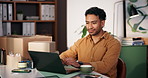 Happy, man and logistics with laptop for startup ecommerce, inventory and online orders. Male person, reading and pc with boxes, supply chain and quality control information with shipping schedule