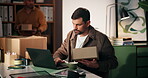 Man, typing and laptop with box for startup ecommerce, schedule delivery and online orders. Person, review and pc with package, supply chain and quality control with customer information for shipping