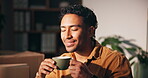 Morning, smell and man with coffee cup in office, small business and entrepreneur ready to start day. Caffeine fix, aroma and person with latte in home, productivity and energy boost for remote work
