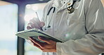 Hospital, doctor and hands with tablet, writing or treatment plan on website, prescription or online. Healthcare, person and digital pen for medical research, bokeh and info for diagnosis updates