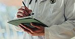 Hands, pen and doctor with tablet for writing medical notes, info and review report. Technology, man or healthcare worker in hospital with stylus for insurance email, research or electronic signature