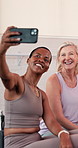 Selfie, pilates and smile with women in studio for social media, fitness post and bonding. Photography, wellness and yoga class with group of friends in club for workout memory, support and health