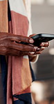 Typing, hands and woman in home with phone for text message, online search and communication. Person, chat and networking in house with tech for social media post, browsing internet and mobile app.