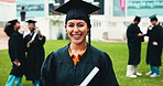 Graduation, face and woman with certificate outdoor for education, award ceremony or celebration. College qualification, happy students and diploma at campus event for study success and achievement