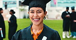 Face, campus and woman with graduation, excited and university with congratulations. Group, student and person with milestone, higher education and achievement with goals, qualification and college