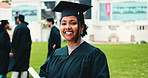Graduation, face and woman with certificate on campus for education, degree ceremony or celebration. College qualification, happy students and diploma at outdoor event for study success and milestone