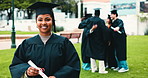 Graduation, face and woman with diploma outdoor for education, degree ceremony or celebration. College qualification, happy students and certificate at campus event for academic success and milestone