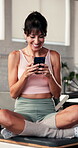 Thinking, phone and reading with woman in pilates studio for social media, workout post and idea Communication, fitness update and reflection with person in club for wellness, vision and connection