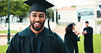Face, outdoor and man with graduation, success and university with congratulations. Group, student and person with higher education, college and achievement with milestone, excited and qualification