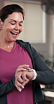 Fitness, athlete and woman with smart watch, gym and checking workout progress or heart rate on app. Performance, results and mature person with tech for exercise goals, smile and health updates