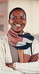 Pilates, arms crossed and face of black woman in studio for fitness, confidence or wellness class. Happiness, exercise and health with portrait of mature person in club for workout, pride and balance