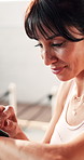 Gym, fitness and woman with smart watch, happy and checking exercise progress and heart rate on app. Performance, results and mature person with tech for workout goals, smile and health update on web