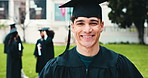 Face, man and happy for graduation, university and ceremony for academic success, pride and outdoor. College, celebration and people with robes for achievement, event and smile for education goals