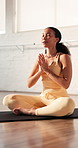 Breathing, meditation and stretching with woman in yoga class for balance, holistic health or wellness. Awareness, chakra and mindfulness with yogi person in studio for healing, inner peace or zen
