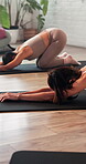 Learning, yoga and stretching with women in studio for fitness, workout and health. Exercise instructor, posture balance and wellness with group of people in class for commitment, pilates and club