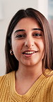 Face, creative and woman talk for video call with discussion, planning story and interview source. Portrait, person and communication on webinar, editor feedback and questions for copywriting in home