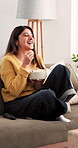 Watching tv, popcorn and laughing with woman on sofa for relax, eating snack and streaming service. Movie subscription, entertainment program and weekend break with person in living room of home